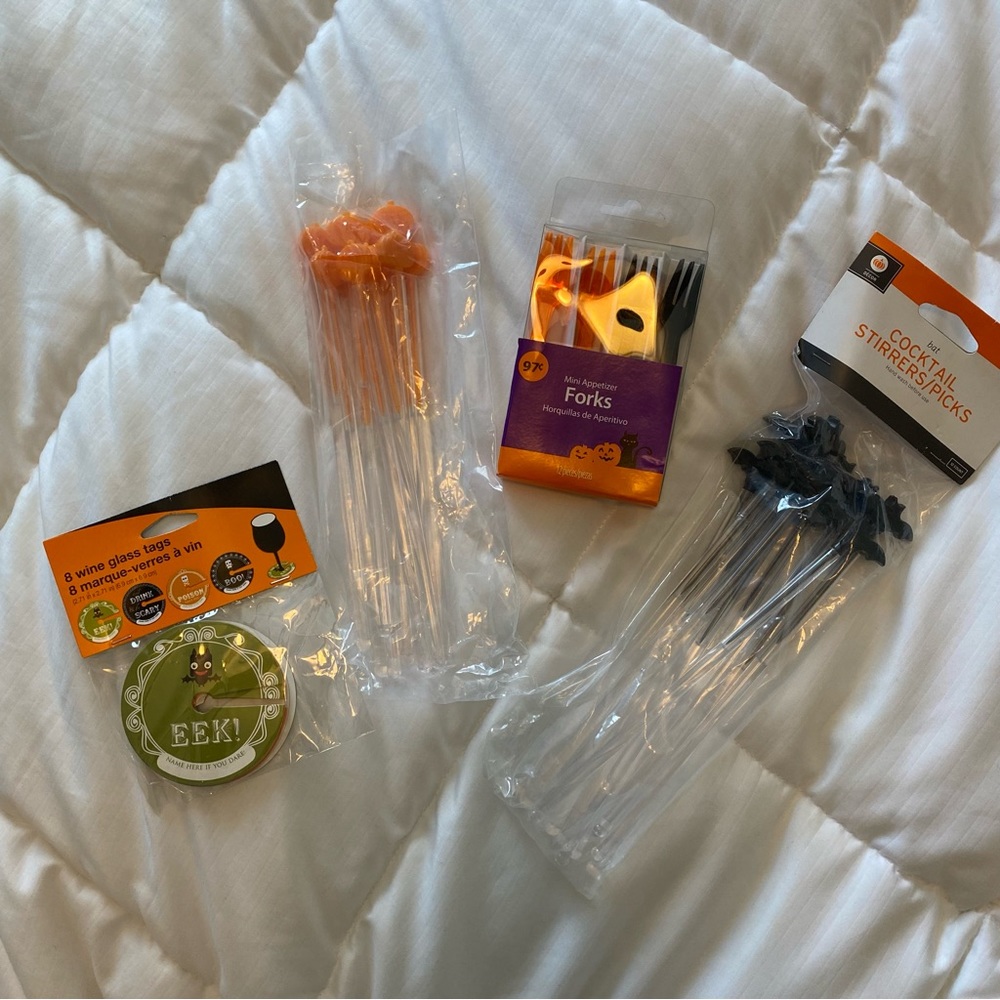 Halloween party accessories: wine glass tags, appetizer forks, and stir sticks